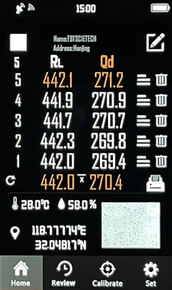 Экран TBTRMR-1J с результатами RL, Qd, температурой, влажностью и GPS